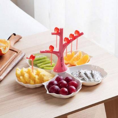 arkit 5 Compartments Fruit Plate and Bird Fork Tree Set Serving Trays with 6 Bird Shape Fork Plastic Fruit Fork Disposable Plastic Serving Fork