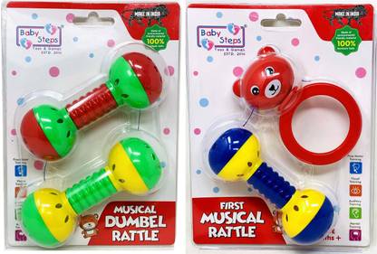 Gift Box Set Of 2 Small Size Made Of Plastic Early Age Development Small Babies Dumbles Toy + Bear Rattle|Musical Rattle For Children|Kids Rattle|Toddlers Toy|Very Small Size(2 Combo Offer) Rattle