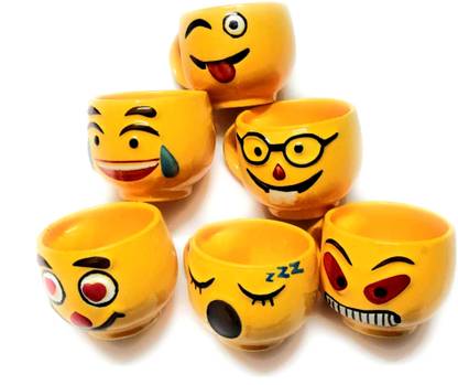 MAYA CREATION Pack of 6 Ceramic Yellow Emoji Smiley Coffee Mug Tea Cup Set, 120ml, Set of 6 Coffee Mugs/Tea Cups Great Gifting idea for him and her Tea Cup with Handle (Medium Size).