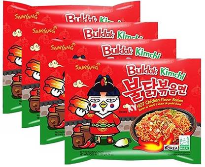 Samyang Hot Chicken Ramen Buldak Kimchi Noodles-135 gm (Pack of 4) (Imported) Instant Noodles Non-vegetarian