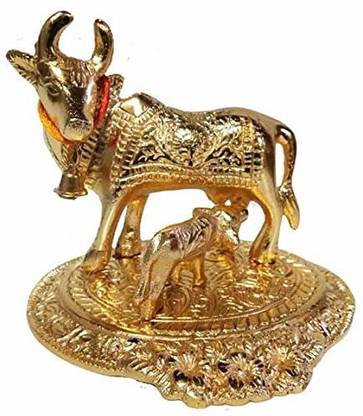 Femina beautty Golden Kamdhenu Cow gau mata with calf Decorative Showpiece  -  16.5 cm