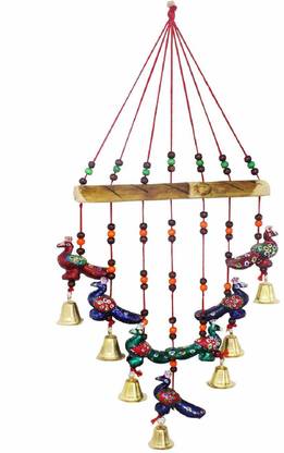 Ssl trustme Jaipuri craft Handmade Traditional Art Hanging Showpiece Wind Chimes/Wall /Main Door/Window,/Home & Office Hanging Decore Peacock Wind Chime with Bells (Multi-Color) Wool, Bamboo, Iron Windchime