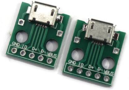 Diycart Pack of 2, MICRO USB to DIP Adapter 5 Pin Female Connector B Type Pcb Converter 2.54 DIY Electronic Module Pinboard Kit (Green) Electronic Components Electronic Hobby Kit