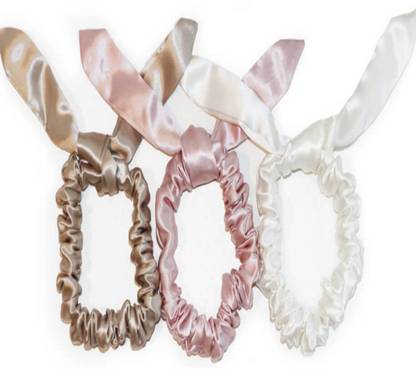 craftsy petals Slip Silk Bunny Scrunchies-Caramel/Pink/White in Colour, Designed to Avoid Hair Creases, Handmade Hair Tie , Rubber / Elastic Head Band Accessories (Adjustable Size) Pack of 03. Rubber Band