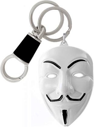 MGP FASHION High Quality Vendetta Inspired Anonymous Hacker Face Mask White Metal Locking Black Hook Keyring Carabiner Key Chain
