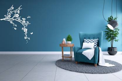 Croun Decals 58 cm White Decal Sticker Tree Flower and butterflys wall decal Sticker(pvc vinyl white decal)(58x68cm) Self Adhesive Sticker