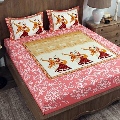 LA VERNE 104 TC Cotton Double Jaipuri Prints Flat Bedsheet