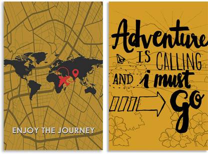 Travel Poster Adventure Is Calling & Enjoy The Journy With World Map - Quirky Art Design Combo Set of 2 Wall Posters, Posters Frame Not Included, Paper Print(12 inchX18 inch Rolled) Fine Art Print