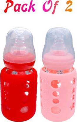 Bundle and Bliss Glass Feeding Bottle for Newborns/Infants/Baby - 120 ml (Pink, Red) - 120 ml