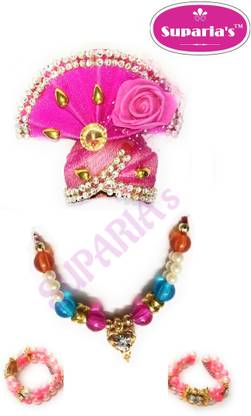 Suparia's Size: 2, 3 no. Ladoo Gopal Ji Shringar Combo Set of Pagdi, Mala & Karula for God Krishna, Accessories for Laddu Gopal Dress