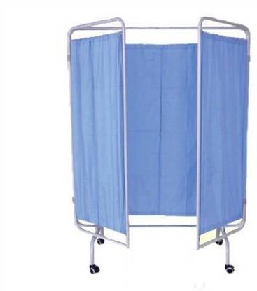 pmps Multipurpose Bedside 3 Fold Screen/Partition with Blue Cotton Curtain and Unbreakable Wheels for Clinic, Saloon, Spa, Massage Centre Bedside Screen