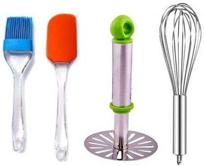 saavi creation Combo (Pack of 4) Multipurpose Non-Stick Heat Resistance Silicone Spatula Cooking Oil Brush Set Seamless & Flexible with Egg Whisker and Stainless Steel Potato Masher Kitchen Tool Set