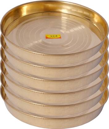 Shivshakti Arts Pure Brass Dinner Plate / Thali Set For Pooja & Serving Purpose (Silver Touch Khomcha Design, 28 cm Each) - 6 Piece Dinner Plate