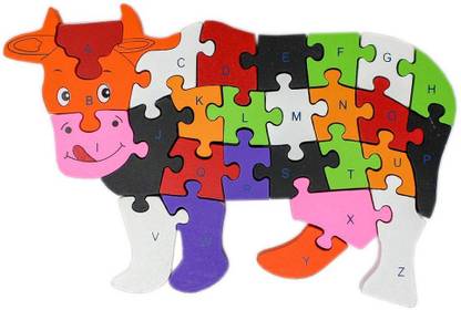 BS SALES Wooden Cow Jigsaw Puzzle 3D Blocks | A - Z Alphabet | 1- 26 Numbers | Kids Educational Jigsaw Puzzle Toy (26 Pieces)