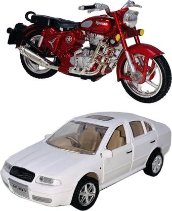 Giftary 2 Small Size Plastic Made Indian Miniature Model Indian Motorcycle Bike Toy + Skoda Car Toy For Kids|Toys For Boys Children|Use As ShowPiece|Made In India|(2 Combo Offer)