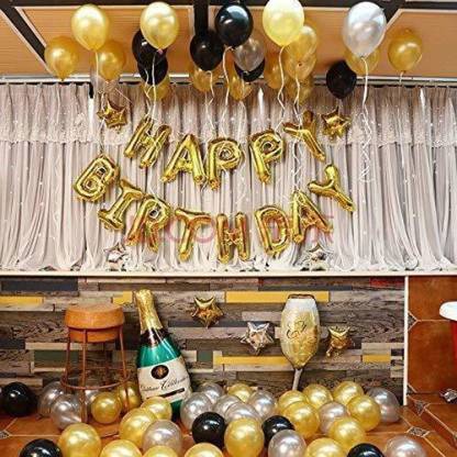 कोव सॉलिड 1 packet of Gold HBD banner(13 letters) and 50 metallic balloon गुब्बारा