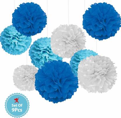Party Propz Multicolor Set of 9 Pieces Paper Pom Pom for Decoration 12 Inches (Light Blue, White & Dark Blue)