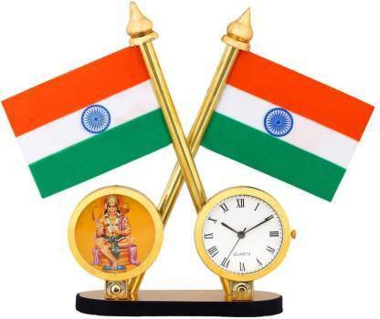 MMD DECORATION Indian Flag with Quartz Watch and Hindu God Idol Frame for Car Dashboard, Housing and Official Purpose - Brass Coated Pipes (Hanuman Ji) Double Sided Wind Car Dashboard Flag