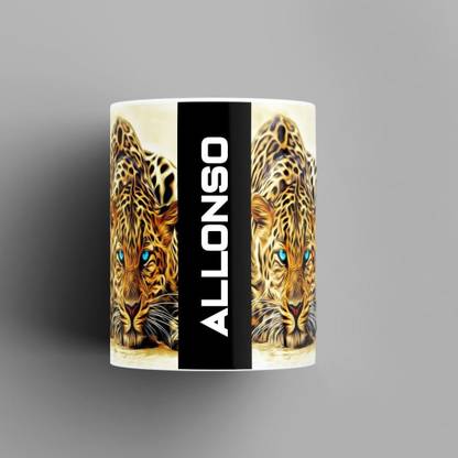 Beautum Name Printed Allonso Cheetah Design White Ceramic (350) ml. Model No:BMNAT001001 Ceramic Coffee Mug