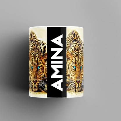 Beautum Name Printed Amina Cheetah Design White Ceramic (350) ml. Model No:BMNAT001190 Ceramic Coffee Mug