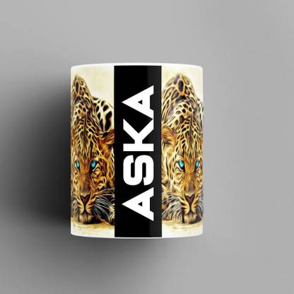 Beautum Name Printed Aska Cheetah Design White Ceramic (350) ml. Model No:BMNAT002372 Ceramic Coffee Mug