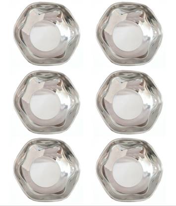 ESS KAY Set of Six latest design hexagonal stainless steel halwa dessert sweet dish quarter plate ( diameter 4.4 inches ) heavy gauge With Mirror Finish Tray