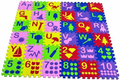 DawnRays Non Toxic Alphabet Puzzle Mat THICKEST ABC + Numbers 0 to 9 Flooring Mat with Pop Out English Alphabets and Animal Pictures Fun Learning Kids Learn & Play Interlocking Learning Alphabet and Number Mat for Kids PUZZLE MAT (17x17cm Each)