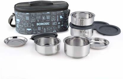BOROSIL Carry Fresh Insulated Lunch Box (2pcs 280 ml + 2pcs 180 ml) 4 Containers Stainless Steel Office Lunch Box