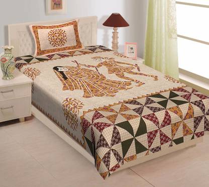 Maa Collection 144 TC Cotton Single Jaipuri Prints Flat Bedsheet