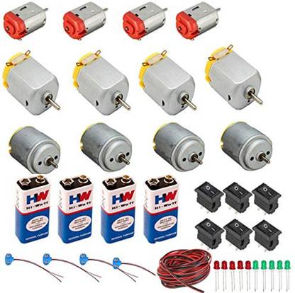 ERHIndia Science Project Kit Including 4 Small/4 Big 4 Round DC Motor and 4 Battery (9 V) with Snap Connector, 6 Mini Rocker Switch, 10 LEDs and 2 m Wire Electronic Components Electronic Hobby Kit