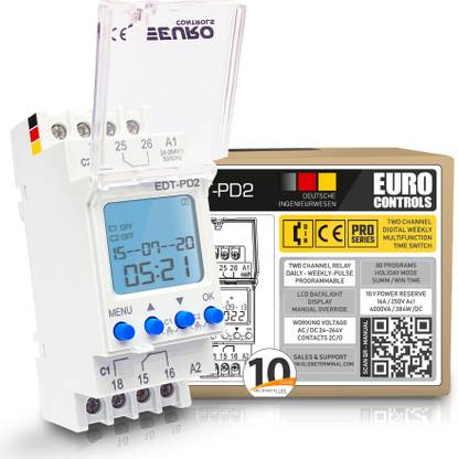 Euro Controls EDT-PD2 German - 2 Independent Channel Timer - 24 to 265 V AC / DC - LCD Backlit - 80 Programs Daily/Weekly/Pulse/Holiday modes - Battery Reserve Programmable Electronic Timer Switch