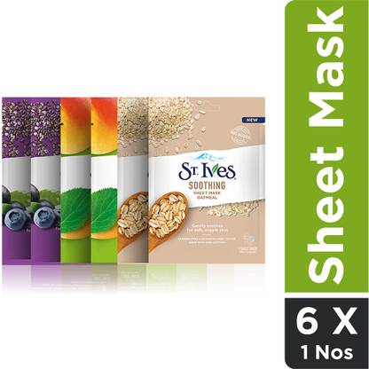ST.IVES Natural Sheet Masks | Pack of 6 | Glowing Apricot + Soothing Oatmeal+ Revitalizing Blueberry