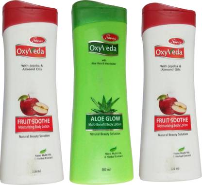 OXYVEDA 2 FRUIT SOOTHE MOISTURIZING BODY LOTION (500ML) + 1 ALOE GLOW MULTI BENEFIT BODY LOTION (500ML)