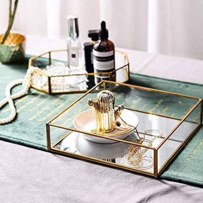 Ruhi Collections Square Glass With Brass Rim Mirror Base Vanity Tray For Home Decor Jewellery Aniser Small Gold In India - Home Decor Vanity Tray