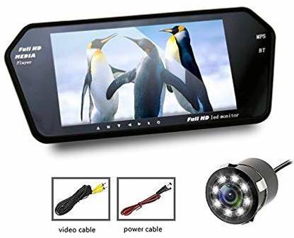 Ubee 7 Inch Full HD Rear View Mirror Screen with Bluetooth, Mirror Link and in-Built Speaker with Metal Parking 8 LED Night-Vision HD Camera for All Cars Black, Black LCD