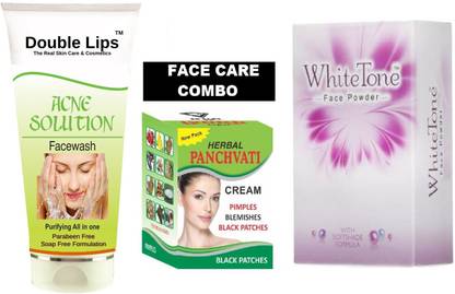 DOUBLE LIPS Acne Solution Face Care Face Wash+White Tone Face Powder (30 grm)+Pimple Care Cream(10 grm)