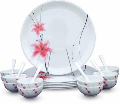 RKV Pack of 24 Melamin 24 Pcs Buffet Set (Design:Rose Flower) Dinner Set