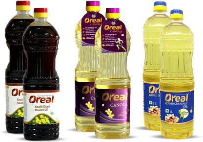 Oreal Combo Pack of Mustard Oil , Canola Oil & Groundnut Oil For All Ages With 0% Cholestrol ,Preservative Free Cooking Oil-2 Liter Each Pack of 6 Mustard Oil Plastic Bottle