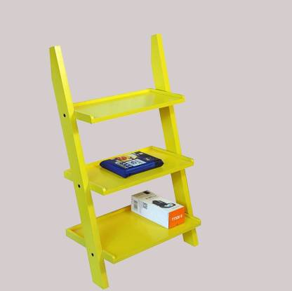 Cherry Wood MDF Yellow 3 Tier Ladder Shelf Bookcase & Room Organizer Storage Engineered Wood Open Book Shelf