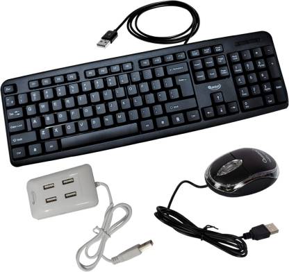 Quantum Hi-Tech QHM 7403/222 Wired USB Mouse, Keyboard & QHM6633 USB 4 Port Hub Combo Set