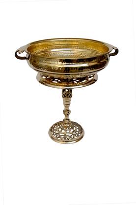 SSCREATIONS BRASS URLI WITH BRASS STAND WITH ADJUSTABLE HEIGHT 17.5"|22.5" Brass Decorative Platter