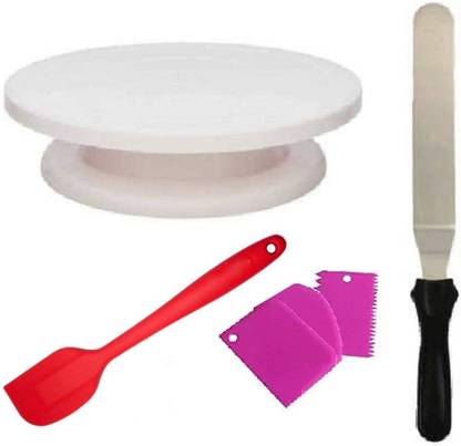 prisma collection Combo of Cake Turntable, 6 inch Angular Stainless Steel Icing Spatula/Palette Knife,3 Pieces of Dough Scrapper + 1 Extra Strong Best Quality high Silicone Spatula Kitchen Tool Set