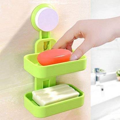 SAJAG Bathroom Wall Mounted Vacuum Suction Cup Hanging Soap Holder Double Layer Plastic Soap Case Drain Dish