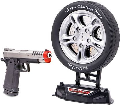 TUKAMCHA laser target shoot gun toys for kids. Shoot the target with the gun and the target will spinning continuously and emit lights and music. Look at me shoot, switch on the power shoot with the gun and hit the aim, then it can automatically read the target rings. When turntable stops running, music appear. Gun requires 2 “AA” size batteries (not included)and Wheel required 3 AA size batteries (Not Included). It is perfect gifts for your kids to entertain for hours. Suitable for the age group of +3 (or above 36 months) Guns & Darts
