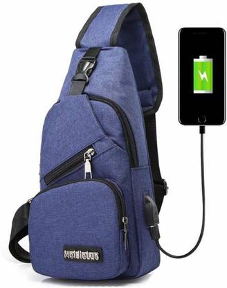 Delidge Men USB Charging Sports Canvas Outdoor Oblique Cross Single Shoulder Bag Navy Blue Shoulder Bag