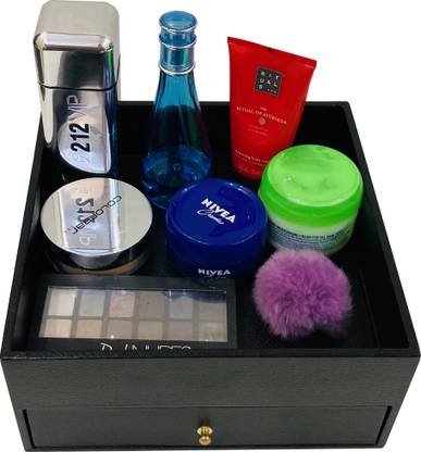 la trove Elegant Small Leatherette Bedside Organiser or Tea tray with Drawer For Bedroom Dressing Makeup cosmetics Organiser Makeup Vanity Box