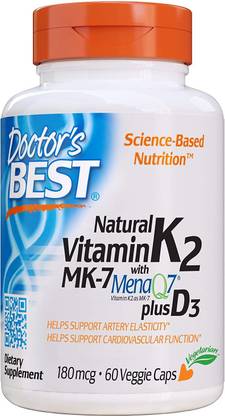 Doctor's Best Natural Vitamin K2 Plus D3 with MK-7, 180 mcg, 60 Veggie Caps