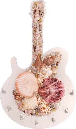 SUPER DROOL Glazed Natural Sea Shells Guitar Shape Plastic Key Holder