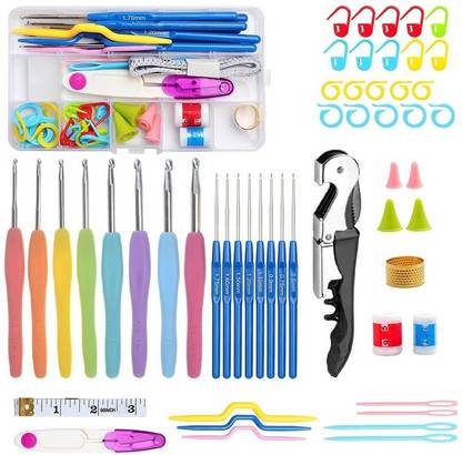 Techtest 53 Pcs Crochet Hooks Set Knitting Needle Organizer Kit With Storage Case Ergonomic Handles Crochet Hook Kit Knitting Needles Weave Yarn Kits DIY Hand Knitting Art Tools with Bottle Opener