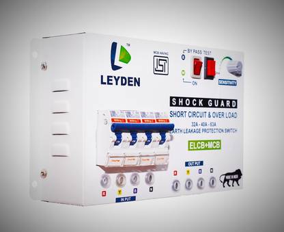 Leyden LTB32 Three Phase ELCB + RCCB + ISI Marked 4 pole MCB 32 A with high voltage protection, Overload Protection, Adjustable Leakage current 3 to 100 mA (Shock Guard) WALL MOUNT THREE PHASE ELCB+MCB MCB MCB